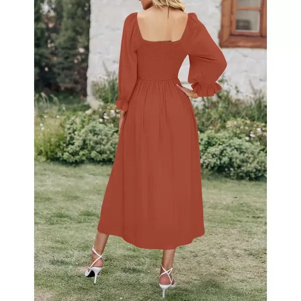 imageZESICA Womens Casual Square Neck 34 Puff Sleeve Solid Color Smocked High Waist Flowy Midi DressRust