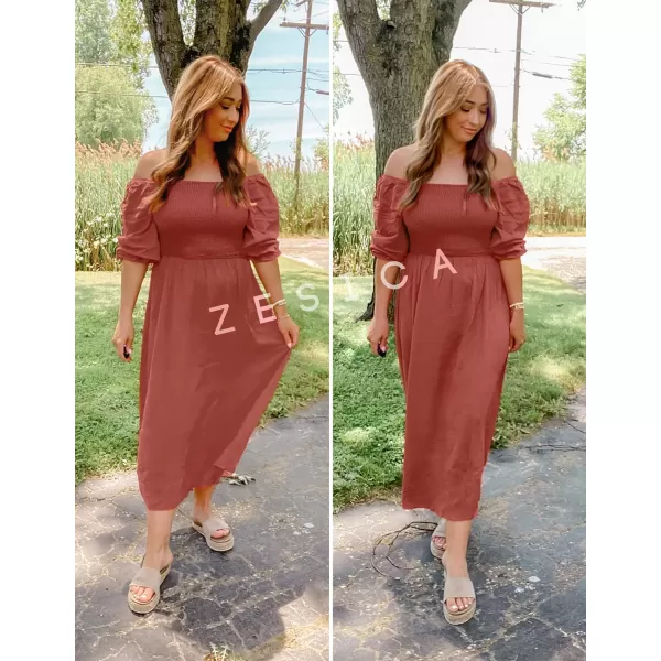 imageZESICA Womens Casual Square Neck 34 Puff Sleeve Solid Color Smocked High Waist Flowy Midi DressRust