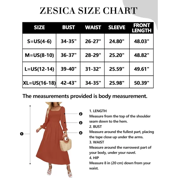imageZESICA Womens Casual Square Neck 34 Puff Sleeve Solid Color Smocked High Waist Flowy Midi DressRust