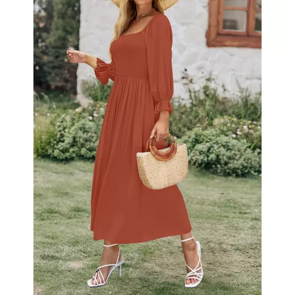 imageZESICA Womens Casual Square Neck 34 Puff Sleeve Solid Color Smocked High Waist Flowy Midi DressRust