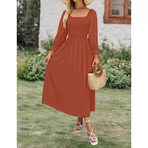 imageZESICA Womens Casual Square Neck 34 Puff Sleeve Solid Color Smocked High Waist Flowy Midi DressRust