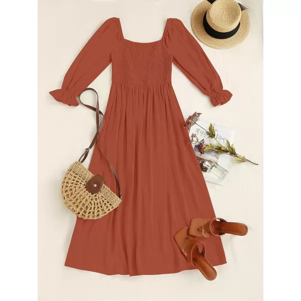 imageZESICA Womens Casual Square Neck 34 Puff Sleeve Solid Color Smocked High Waist Flowy Midi DressRust