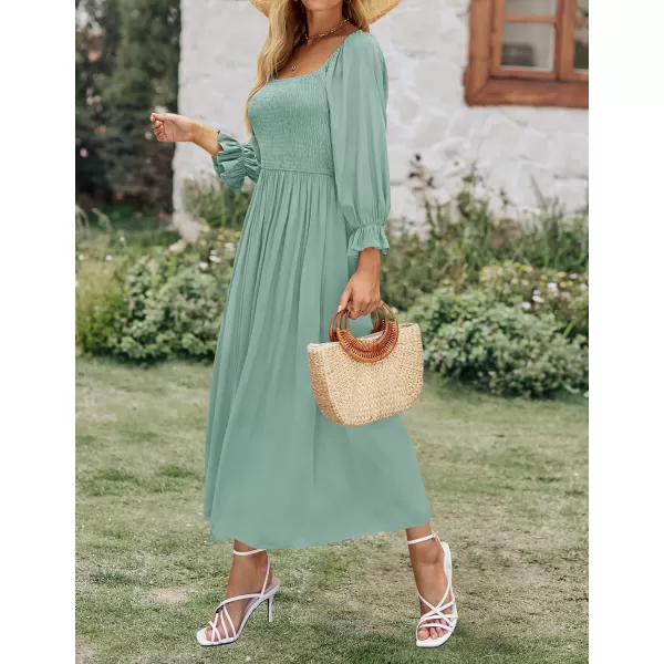 imageZESICA Womens Casual Square Neck 34 Puff Sleeve Solid Color Smocked High Waist Flowy Midi DressSage
