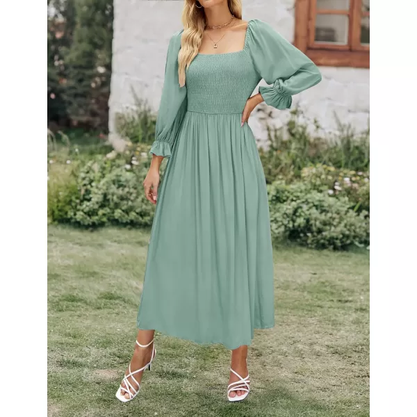 imageZESICA Womens Casual Square Neck 34 Puff Sleeve Solid Color Smocked High Waist Flowy Midi DressSage