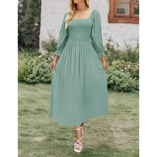 imageZESICA Womens Casual Square Neck 34 Puff Sleeve Solid Color Smocked High Waist Flowy Midi DressSage