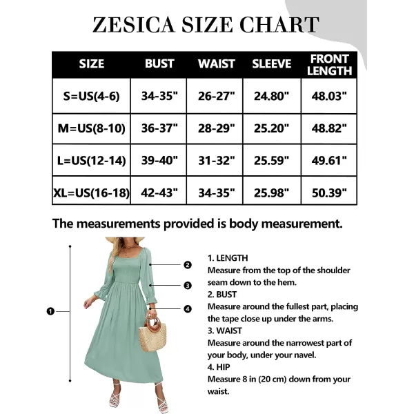 imageZESICA Womens Casual Square Neck 34 Puff Sleeve Solid Color Smocked High Waist Flowy Midi DressSage