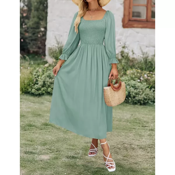 imageZESICA Womens Casual Square Neck 34 Puff Sleeve Solid Color Smocked High Waist Flowy Midi DressSage