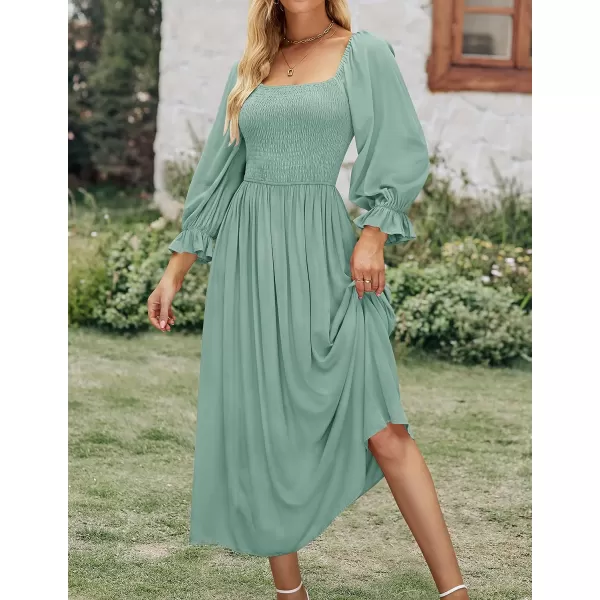 imageZESICA Womens Casual Square Neck 34 Puff Sleeve Solid Color Smocked High Waist Flowy Midi DressSage