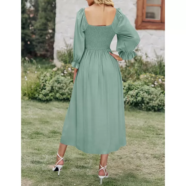 imageZESICA Womens Casual Square Neck 34 Puff Sleeve Solid Color Smocked High Waist Flowy Midi DressSage
