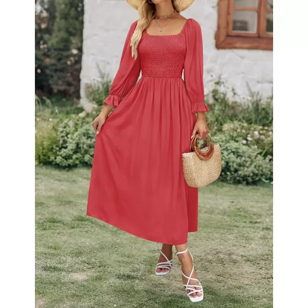 imageZESICA Womens Casual Square Neck 34 Puff Sleeve Solid Color Smocked High Waist Flowy Midi DressWatermelonred