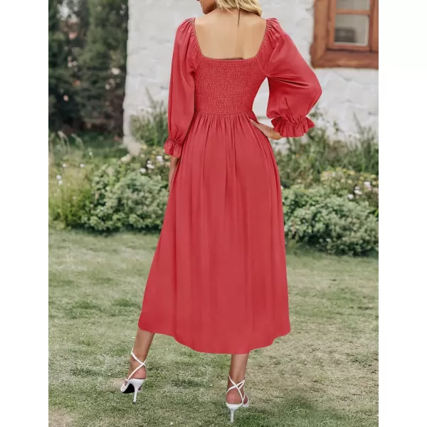 imageZESICA Womens Casual Square Neck 34 Puff Sleeve Solid Color Smocked High Waist Flowy Midi DressWatermelonred