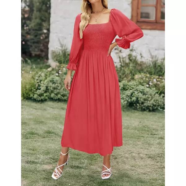 imageZESICA Womens Casual Square Neck 34 Puff Sleeve Solid Color Smocked High Waist Flowy Midi DressWatermelonred