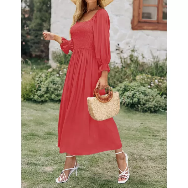 imageZESICA Womens Casual Square Neck 34 Puff Sleeve Solid Color Smocked High Waist Flowy Midi DressWatermelonred