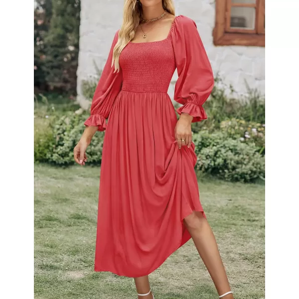 imageZESICA Womens Casual Square Neck 34 Puff Sleeve Solid Color Smocked High Waist Flowy Midi DressWatermelonred