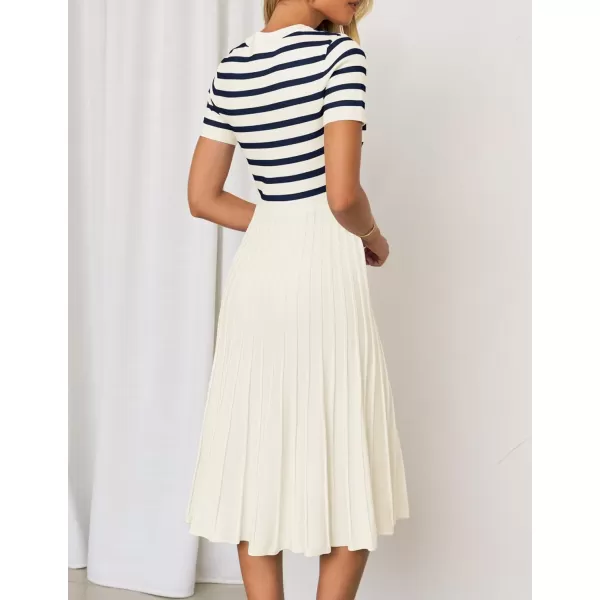 imageZESICA Womens Casual Striped Midi Dress Crewneck Short Sleeve Button Ribbed Knit Swing Pleated A Line DressesBeige