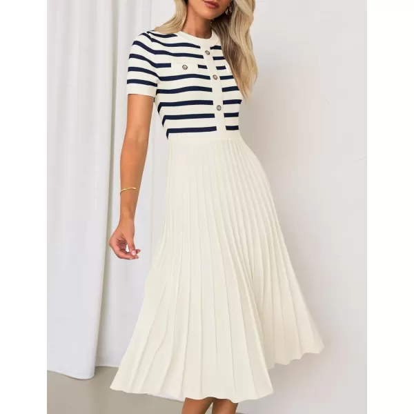 imageZESICA Womens Casual Striped Midi Dress Crewneck Short Sleeve Button Ribbed Knit Swing Pleated A Line DressesBeige