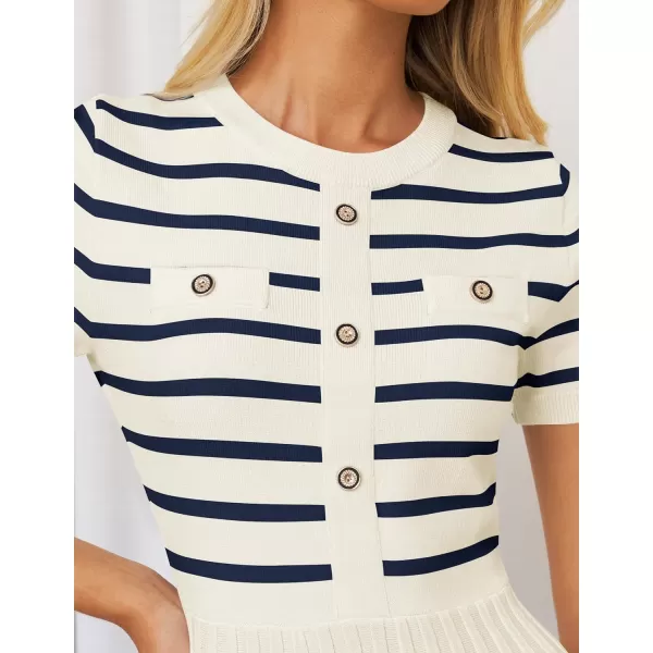 imageZESICA Womens Casual Striped Midi Dress Crewneck Short Sleeve Button Ribbed Knit Swing Pleated A Line DressesBeige