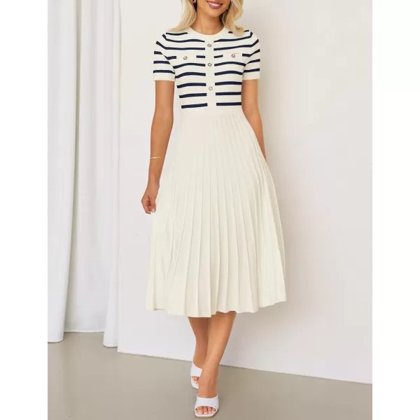 imageZESICA Womens Casual Striped Midi Dress Crewneck Short Sleeve Button Ribbed Knit Swing Pleated A Line DressesBeige
