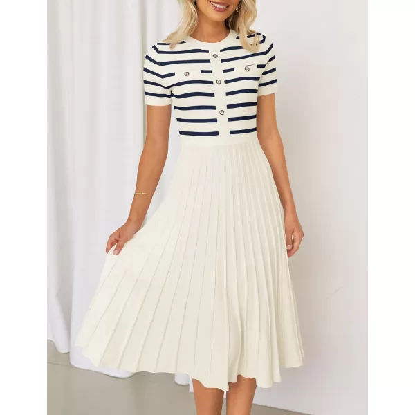 imageZESICA Womens Casual Striped Midi Dress Crewneck Short Sleeve Button Ribbed Knit Swing Pleated A Line DressesBeige