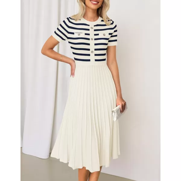 imageZESICA Womens Casual Striped Midi Dress Crewneck Short Sleeve Button Ribbed Knit Swing Pleated A Line DressesBeige