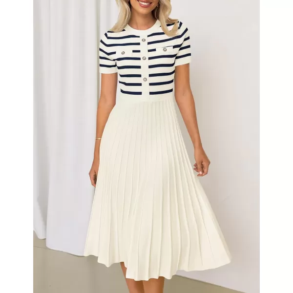 imageZESICA Womens Casual Striped Midi Dress Crewneck Short Sleeve Button Ribbed Knit Swing Pleated A Line DressesBeige