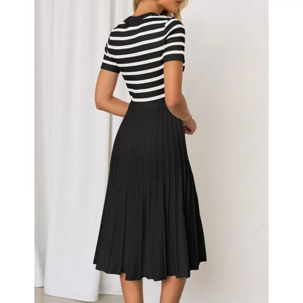 imageZESICA Womens Casual Striped Midi Dress Crewneck Short Sleeve Button Ribbed Knit Swing Pleated A Line DressesBlack