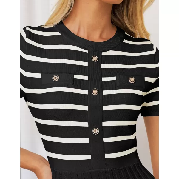 imageZESICA Womens Casual Striped Midi Dress Crewneck Short Sleeve Button Ribbed Knit Swing Pleated A Line DressesBlack