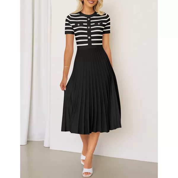 imageZESICA Womens Casual Striped Midi Dress Crewneck Short Sleeve Button Ribbed Knit Swing Pleated A Line DressesBlack