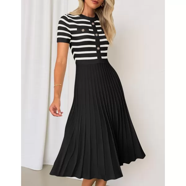 imageZESICA Womens Casual Striped Midi Dress Crewneck Short Sleeve Button Ribbed Knit Swing Pleated A Line DressesBlack