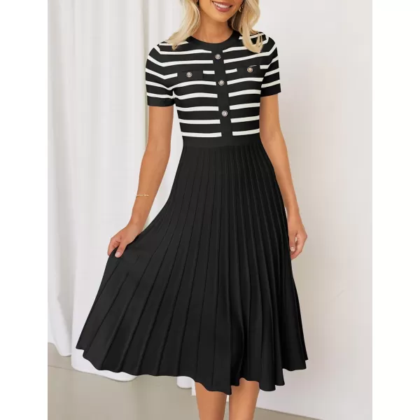 imageZESICA Womens Casual Striped Midi Dress Crewneck Short Sleeve Button Ribbed Knit Swing Pleated A Line DressesBlack