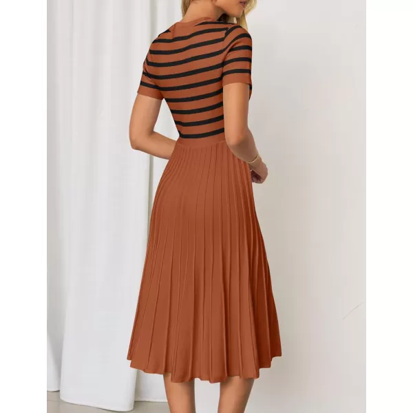imageZESICA Womens Casual Striped Midi Dress Crewneck Short Sleeve Button Ribbed Knit Swing Pleated A Line DressesCaramel
