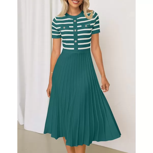 imageZESICA Womens Casual Striped Midi Dress Crewneck Short Sleeve Button Ribbed Knit Swing Pleated A Line DressesDarkgreen