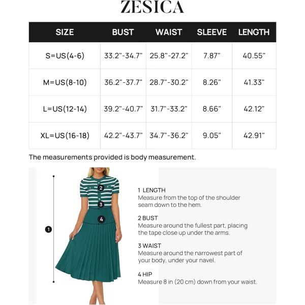 imageZESICA Womens Casual Striped Midi Dress Crewneck Short Sleeve Button Ribbed Knit Swing Pleated A Line DressesDarkgreen