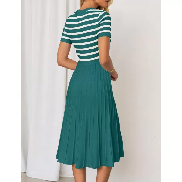imageZESICA Womens Casual Striped Midi Dress Crewneck Short Sleeve Button Ribbed Knit Swing Pleated A Line DressesDarkgreen