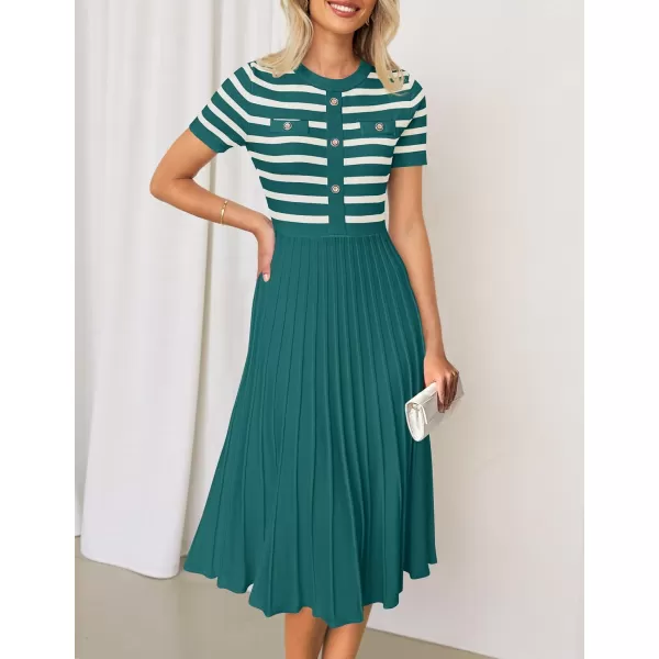 imageZESICA Womens Casual Striped Midi Dress Crewneck Short Sleeve Button Ribbed Knit Swing Pleated A Line DressesDarkgreen