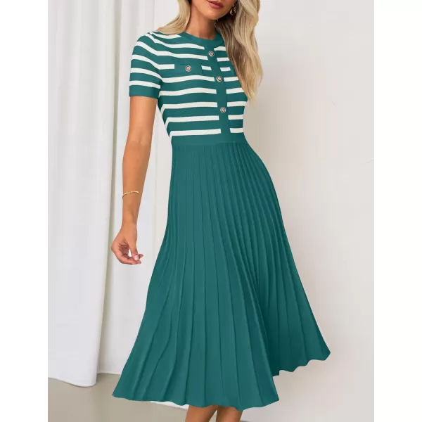 imageZESICA Womens Casual Striped Midi Dress Crewneck Short Sleeve Button Ribbed Knit Swing Pleated A Line DressesDarkgreen