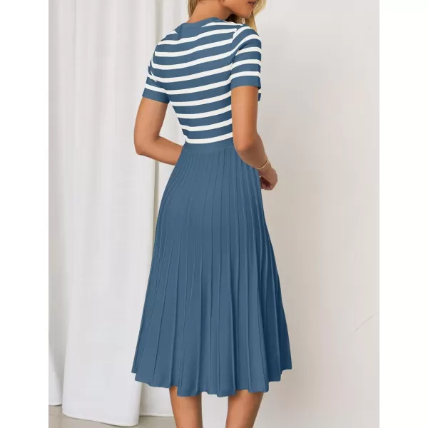 imageZESICA Womens Casual Striped Midi Dress Crewneck Short Sleeve Button Ribbed Knit Swing Pleated A Line DressesDusty Blue