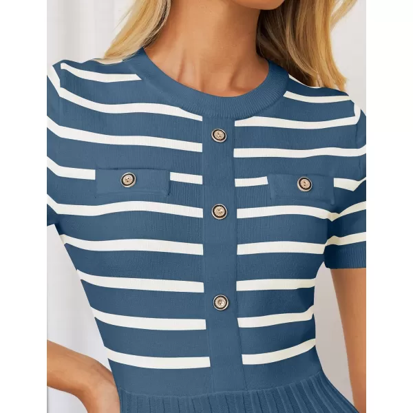 imageZESICA Womens Casual Striped Midi Dress Crewneck Short Sleeve Button Ribbed Knit Swing Pleated A Line DressesDusty Blue