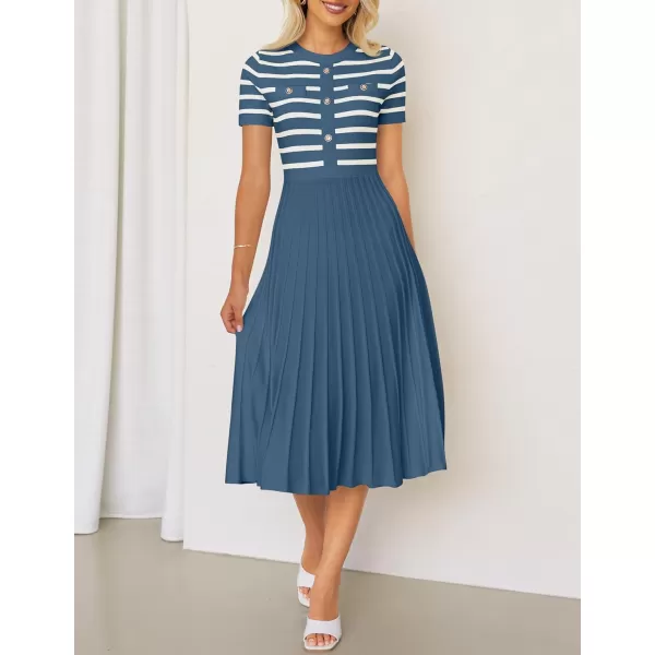 imageZESICA Womens Casual Striped Midi Dress Crewneck Short Sleeve Button Ribbed Knit Swing Pleated A Line DressesDusty Blue