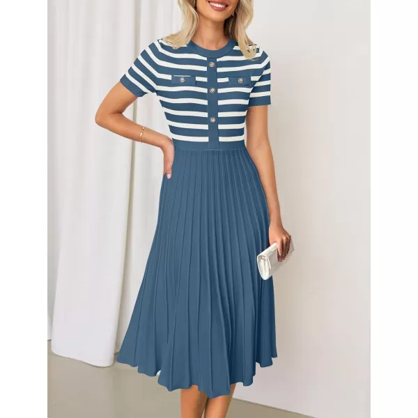 imageZESICA Womens Casual Striped Midi Dress Crewneck Short Sleeve Button Ribbed Knit Swing Pleated A Line DressesDusty Blue