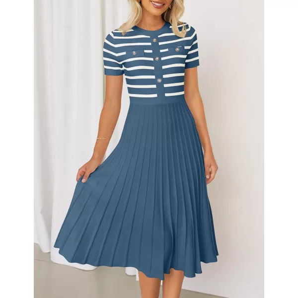 imageZESICA Womens Casual Striped Midi Dress Crewneck Short Sleeve Button Ribbed Knit Swing Pleated A Line DressesDusty Blue
