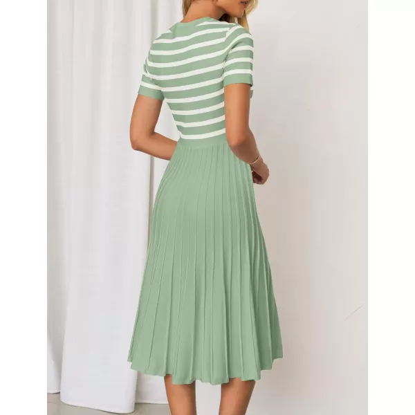 imageZESICA Womens Casual Striped Midi Dress Crewneck Short Sleeve Button Ribbed Knit Swing Pleated A Line DressesLight Green