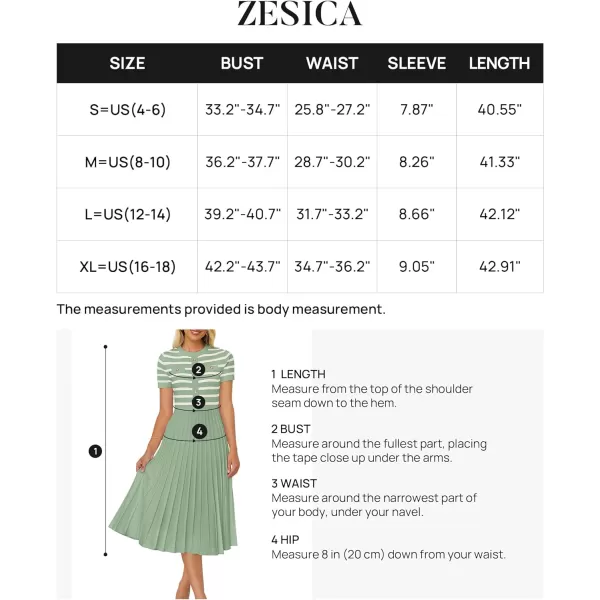 imageZESICA Womens Casual Striped Midi Dress Crewneck Short Sleeve Button Ribbed Knit Swing Pleated A Line DressesLight Green