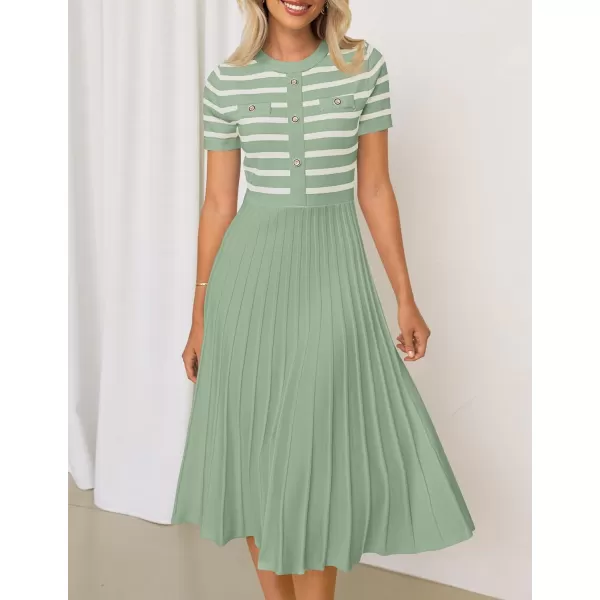 imageZESICA Womens Casual Striped Midi Dress Crewneck Short Sleeve Button Ribbed Knit Swing Pleated A Line DressesLight Green