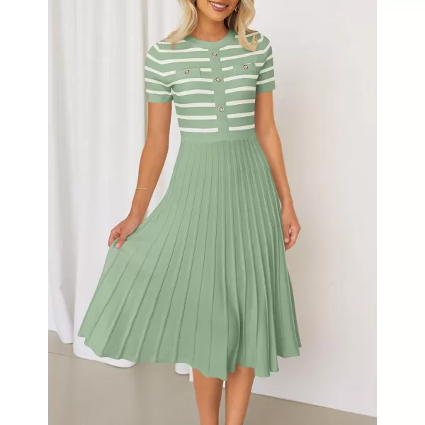 imageZESICA Womens Casual Striped Midi Dress Crewneck Short Sleeve Button Ribbed Knit Swing Pleated A Line DressesLight Green