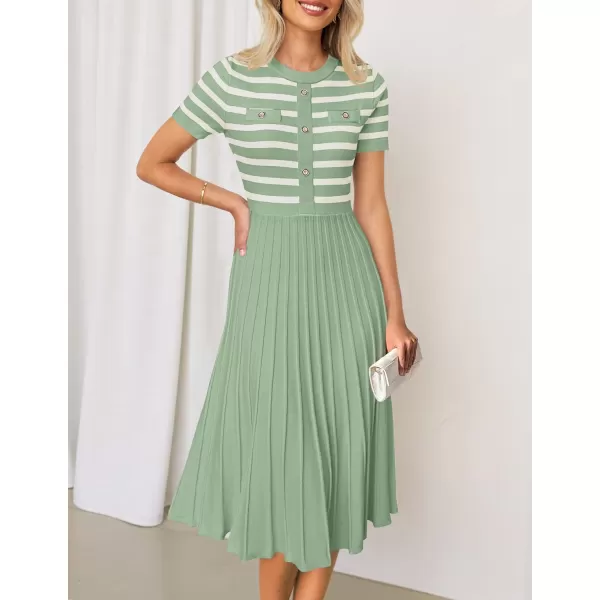imageZESICA Womens Casual Striped Midi Dress Crewneck Short Sleeve Button Ribbed Knit Swing Pleated A Line DressesLight Green