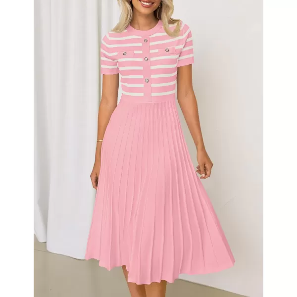 imageZESICA Womens Casual Striped Midi Dress Crewneck Short Sleeve Button Ribbed Knit Swing Pleated A Line DressesPink
