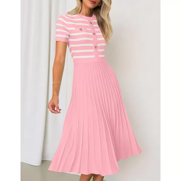 imageZESICA Womens Casual Striped Midi Dress Crewneck Short Sleeve Button Ribbed Knit Swing Pleated A Line DressesPink