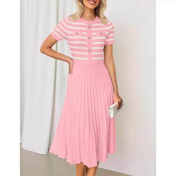 imageZESICA Womens Casual Striped Midi Dress Crewneck Short Sleeve Button Ribbed Knit Swing Pleated A Line DressesPink