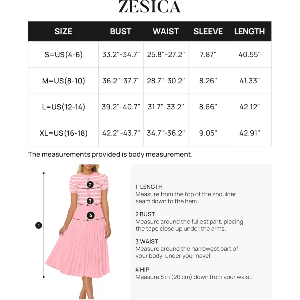 imageZESICA Womens Casual Striped Midi Dress Crewneck Short Sleeve Button Ribbed Knit Swing Pleated A Line DressesPink